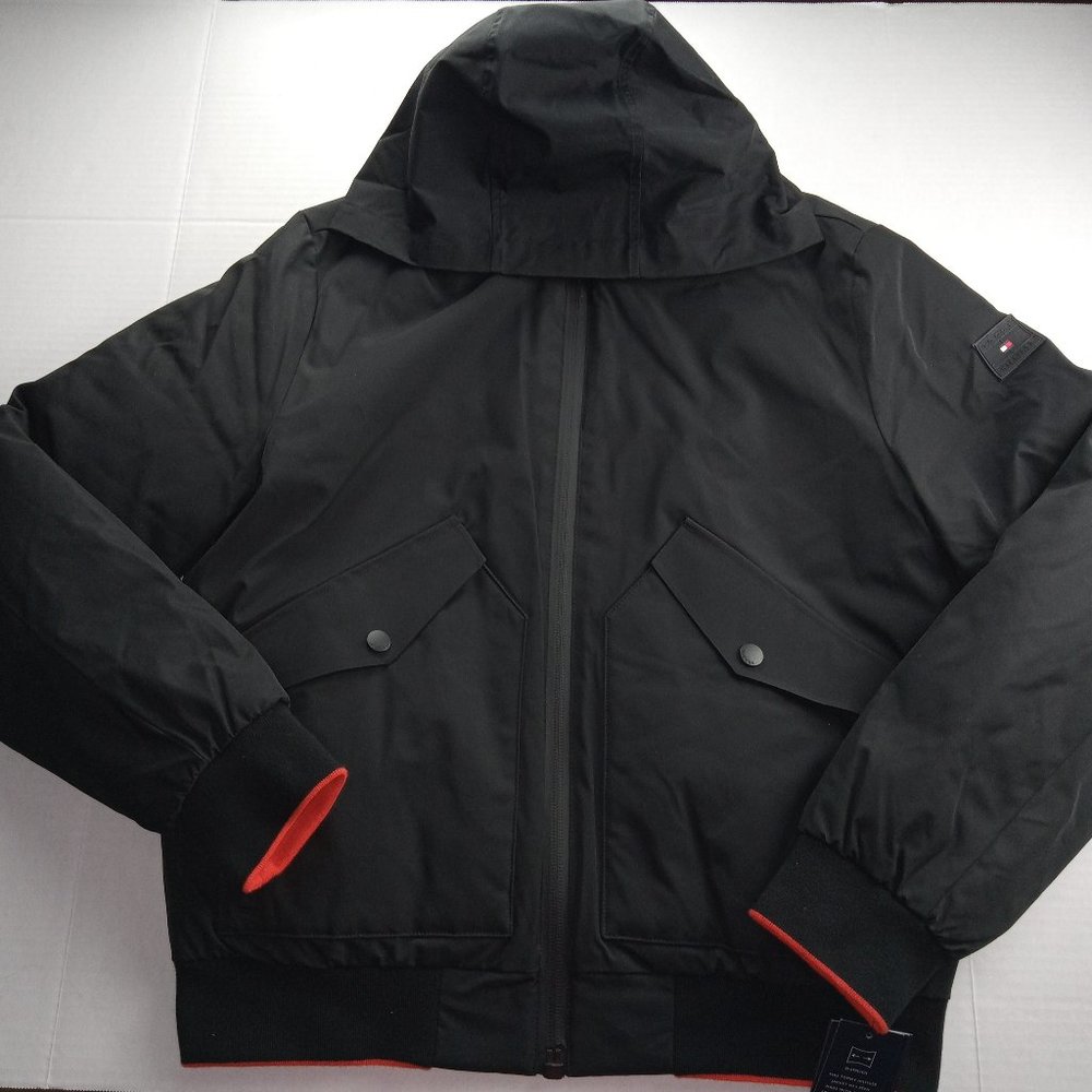 Tommy Hilfiger Men's TH Flex Hooded Bomber Jacket Size M Black Wind Resistant